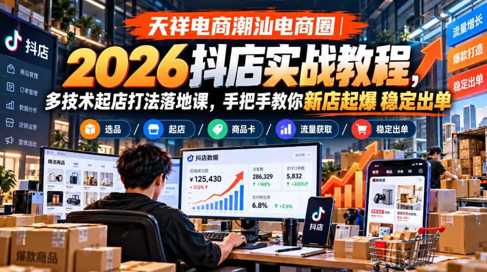 天祥电商潮汕电商圈｜2026抖店实战教程，多技术起店打法落地课，手把手教你新店起爆稳定出单-藏宝阁