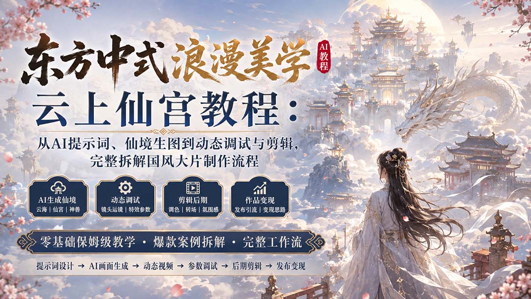东方中式浪漫美学云上仙宫教程：从AI提示词、仙境生图到动态调试与剪辑，完整拆解国风大片制作流程-藏宝阁