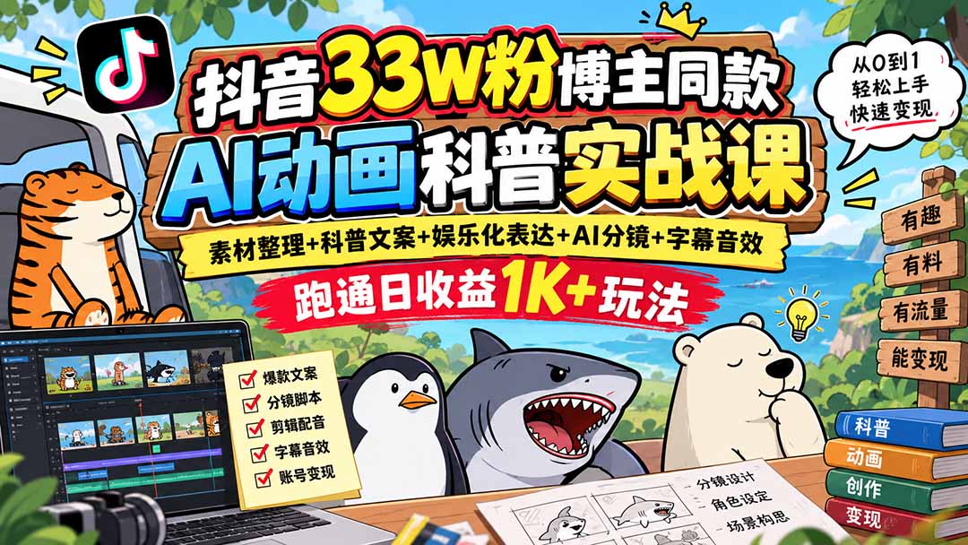 抖音33W粉博主同款AI动画科普实战课｜素材整理+科普文案+娱乐化表达+AI分镜+字幕音效，跑通日收益1K+玩法-藏宝阁