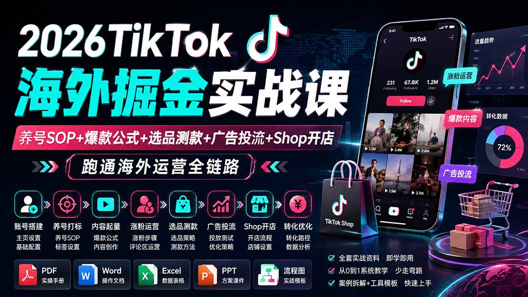 2026TikTok海外掘金实战课——养号SOP+爆款公式+选品测款+广告投流+Shop开店，跑通海外运营全链路-藏宝阁