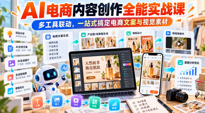 【无水印】AI电商内容创作全能实战课｜多工具联动，一站式搞定电商文案与视觉素材-藏宝阁