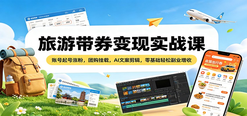 旅游带券变现实战课：账号起号涨粉，团购挂载，AI文案剪辑，零基础轻松副业增收-藏宝阁
