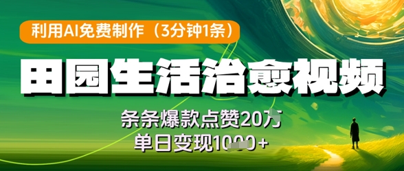 利用AI免费制作田园生活治愈视频，条条爆款点赞20W，单日变现几张-藏宝阁