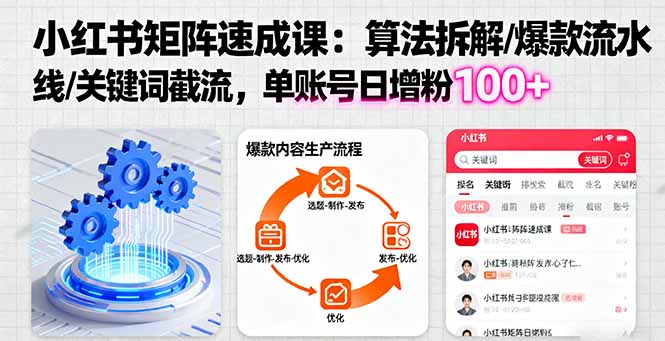 小红书矩阵起号速成课：算法拆解/爆款流水线/关键词截流 单账号日增粉100+-藏宝阁
