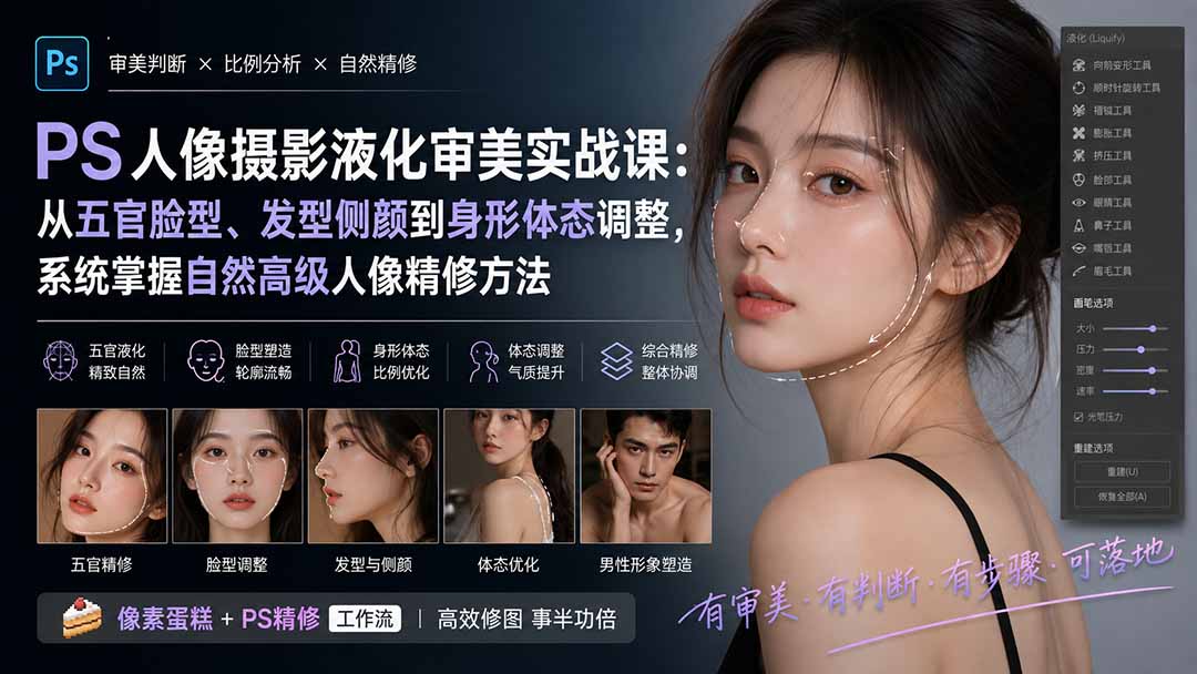 PS人像摄影液化审美实战课：从五官脸型、发型侧颜到身形体态调整，系统掌握自然高级人像精修方法-藏宝阁