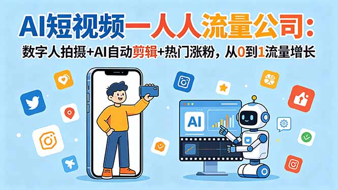 AI短视频一人流量公司：数字人拍摄+AI自动剪辑+热门涨粉，从0到1流量增长-藏宝阁