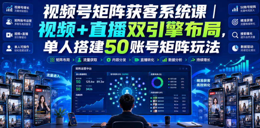 视频号矩阵获客系统课｜视频+直播双引擎布局，单人搭建50账号矩阵玩法，流量入池、搜索占位、全域引流沉淀私域全流程教学-藏宝阁