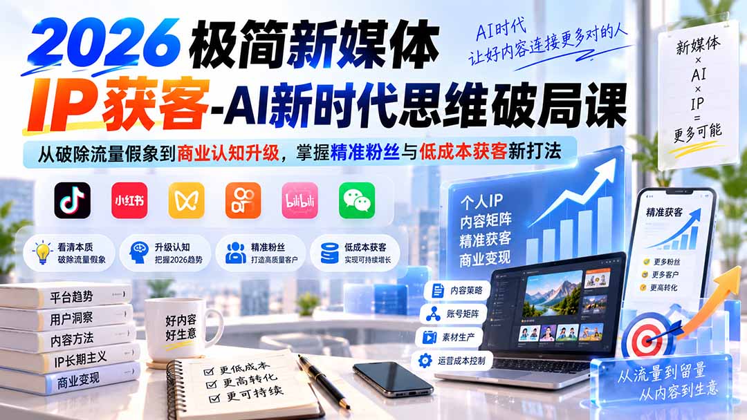 2026极简新媒体IP获客-AI新时代思维破局课：从破除流量假象到商业认知升级，掌握精准粉丝与低成本获客新打法-藏宝阁