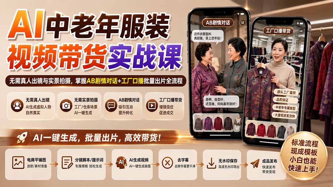 AI中老年服装视频带货实战课：无需真人出镜与实景拍摄，掌握AB剧情对话+工厂口播批量出片全流程-藏宝阁