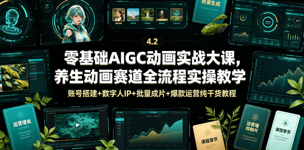 零基础AIGC动画实战大课，养生动画赛道全流程实操教学，账号搭建+数字人IP+批量成片+爆款运营纯干货教程-藏宝阁