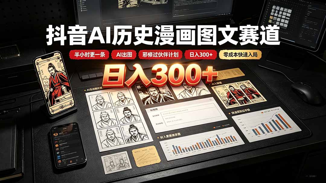 抖音AI历史漫画图文赛道：半小时更一条×AI出图×邪修过伙伴计划×日入300+，零成本快速入局-藏宝阁