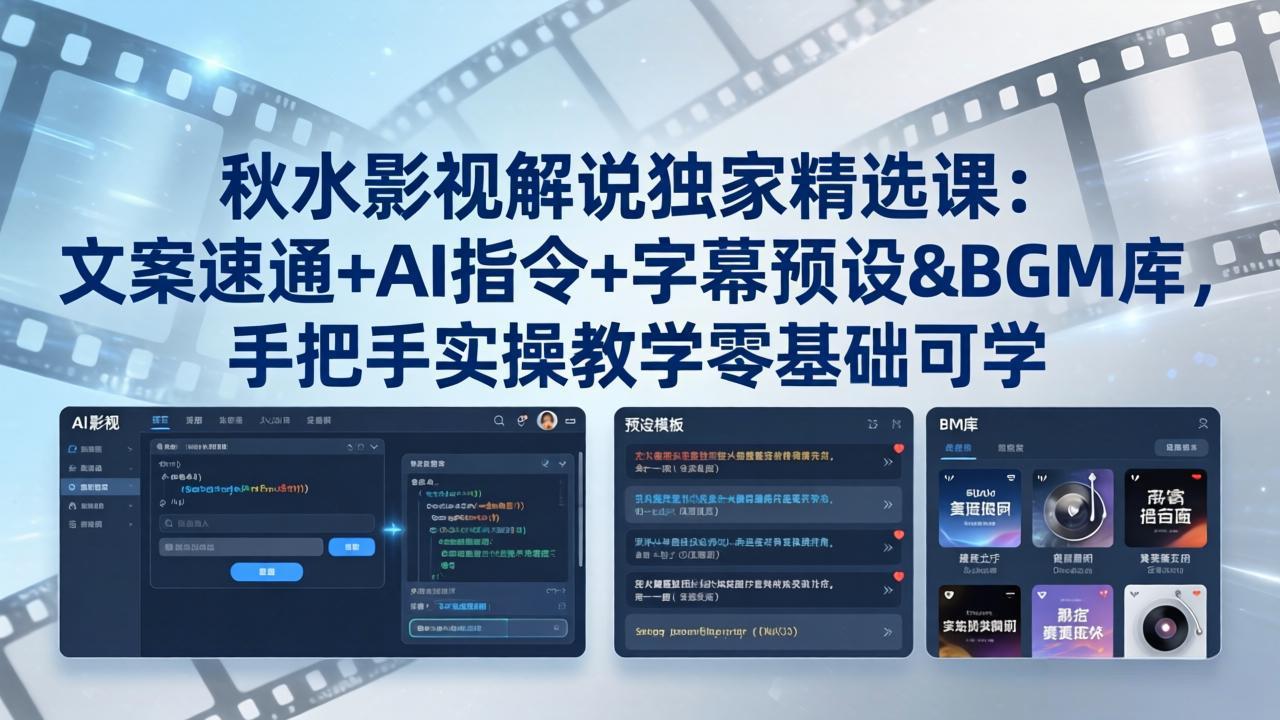 秋水影视解说独家精选课：文案速通+AI指令+字幕预设+BGM库，手把手实操教学零基础可学-藏宝阁