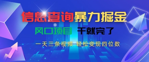 信息查询暴力掘金，一天三条视频，轻松变现四位数，风口项目干就完了【揭秘】-藏宝阁