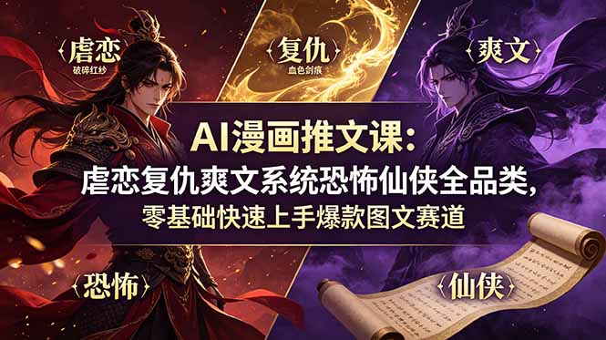 AI漫画推文课：虐恋复仇爽文系统恐怖仙侠全品类，零基础快速上手爆款图文赛道-藏宝阁