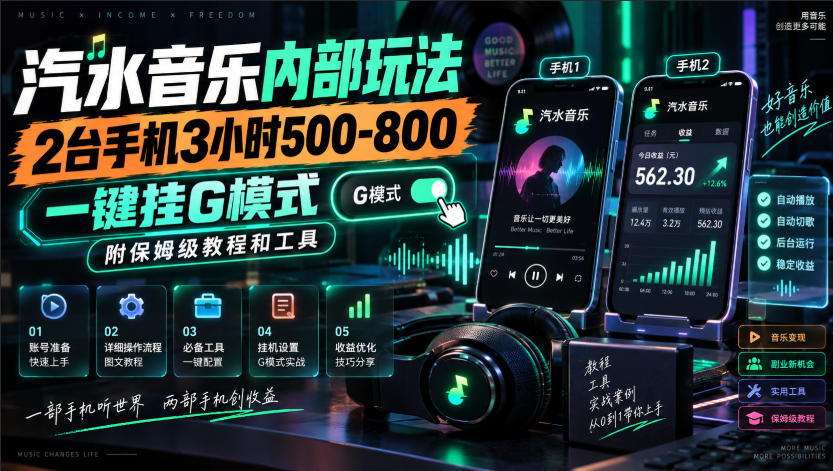 汽水音乐内部玩法，2台手机3小时500-800，一键挂G模式，附保姆级教程和工具【揭秘】-藏宝阁