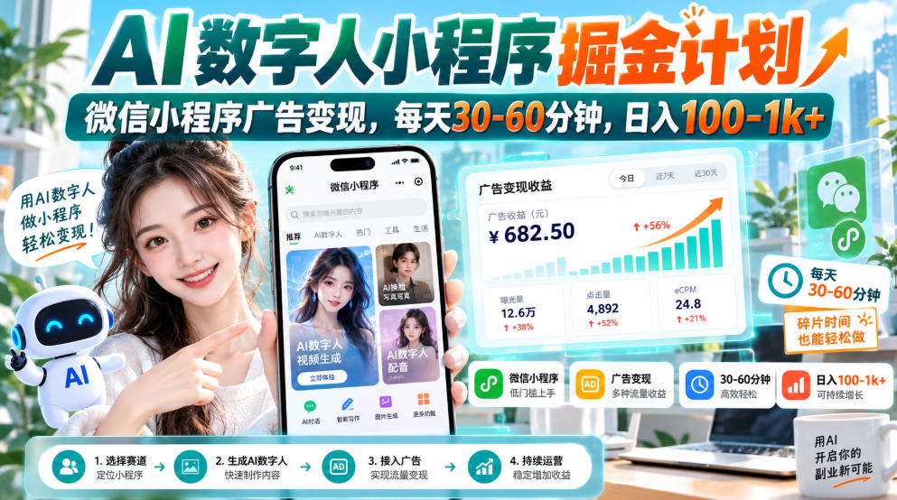 【无水印】AI数字人小程序掘金计划，微信小程序广告变现，每天30‑60分钟，日入100‑1k+-藏宝阁