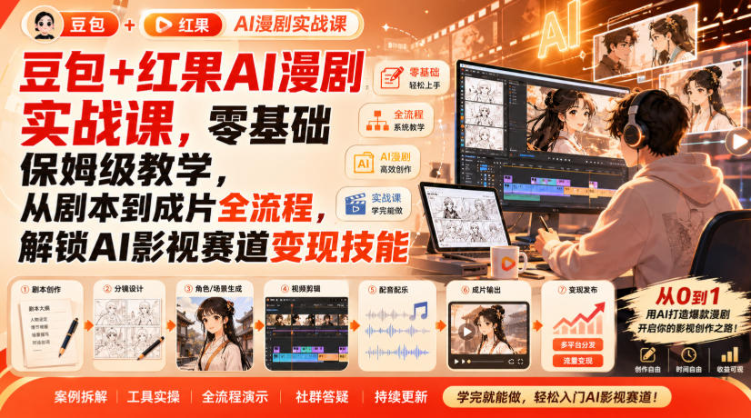 豆包+红果AI漫剧实战课，零基础保姆级教学，从剧本到成片全流程，解锁AI影视赛道变现技能-藏宝阁