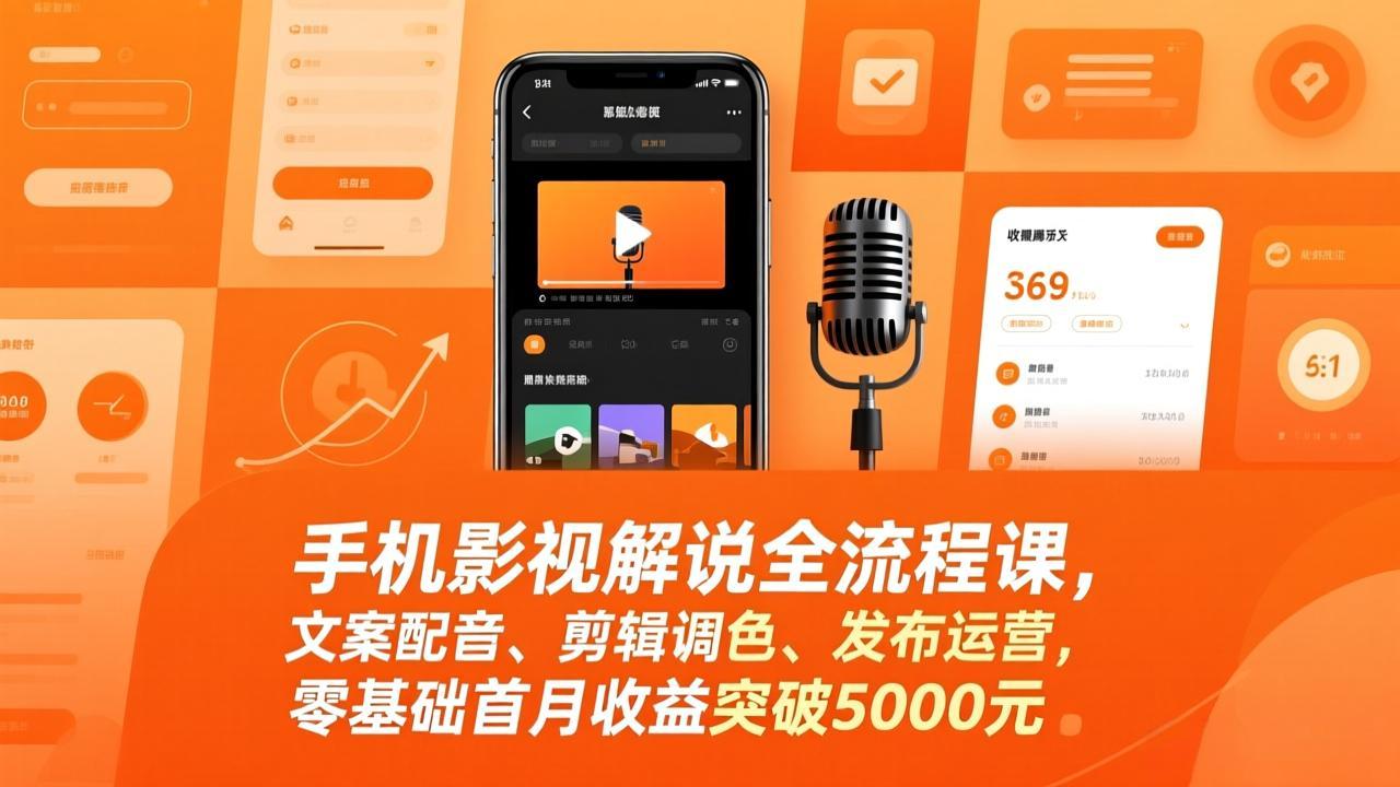手机影视解说全流程课，文案配音、剪辑调色、发布运营，零基础首月收益突破5000元-藏宝阁