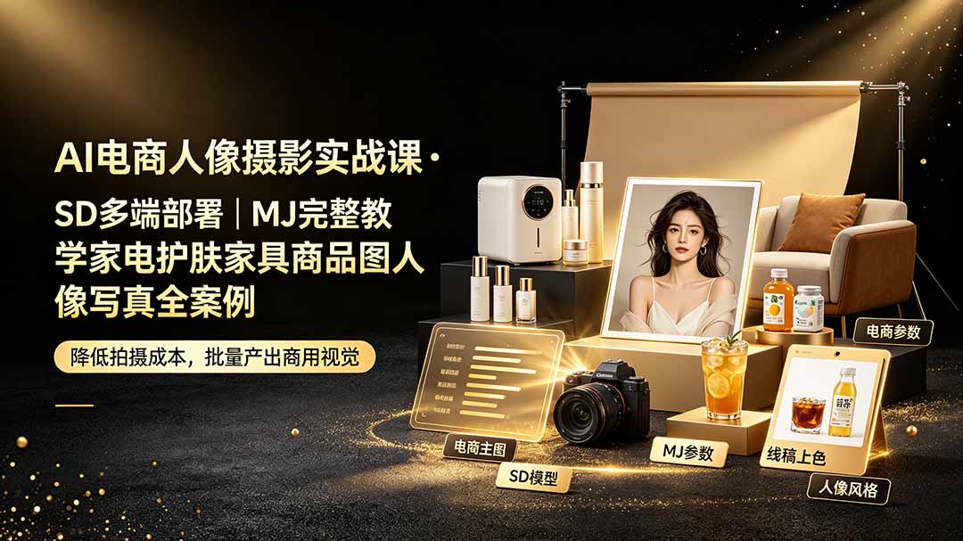 AI电商人像摄影实战课·SD多端部署｜MJ完整教学｜家电护肤家具商品图人像写真全案例-藏宝阁