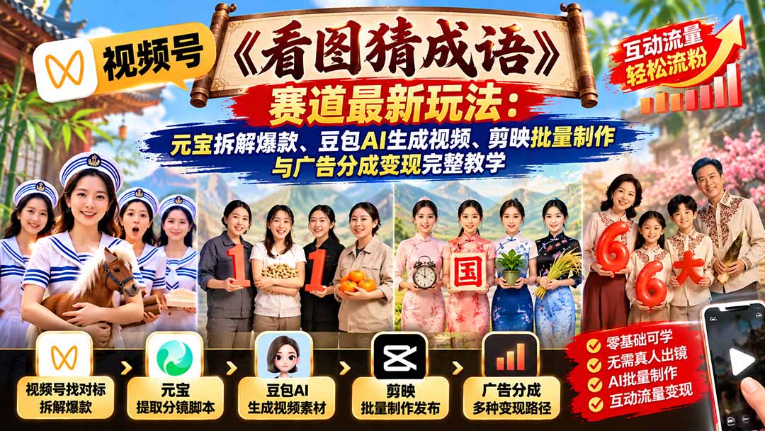 视频号《看图猜成语》赛道最新玩法：元宝拆解爆款、豆包AI生成视频、剪映批量制作与广告分成变现完整教学-藏宝阁
