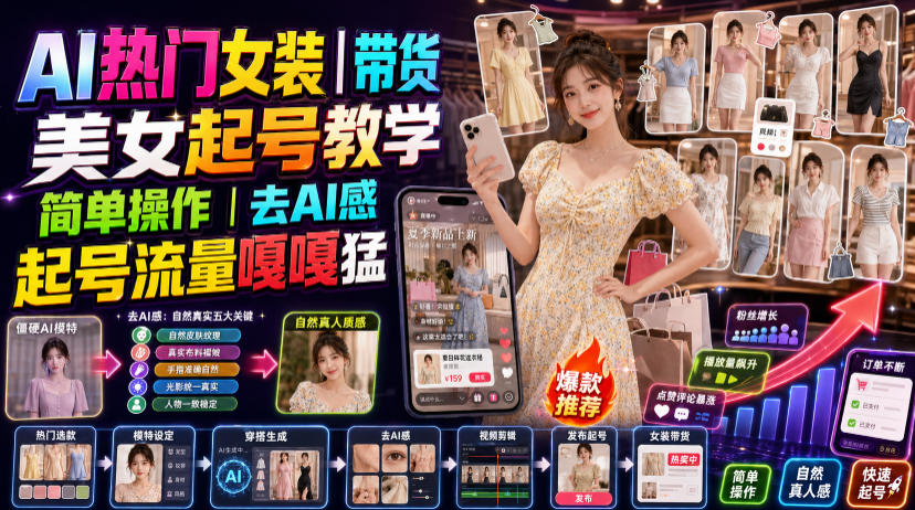 AI热门女装带货丨美女起号教学，简单操作，去AI感，起号流量嘎嘎猛-藏宝阁