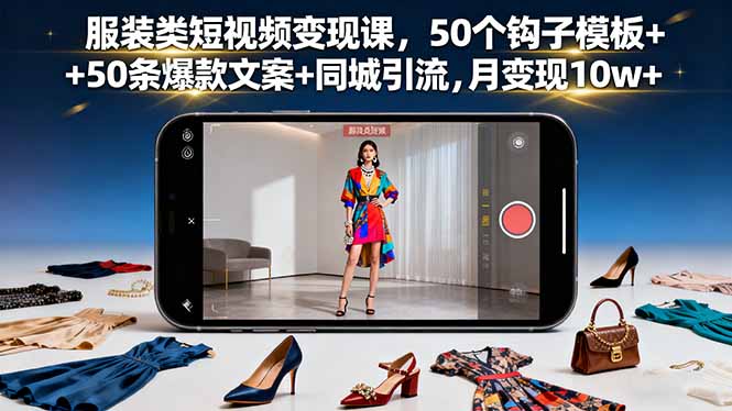 服装类短视频变现课，50个钩子模板+50条爆款文案+同城引流，月变现10w+-藏宝阁