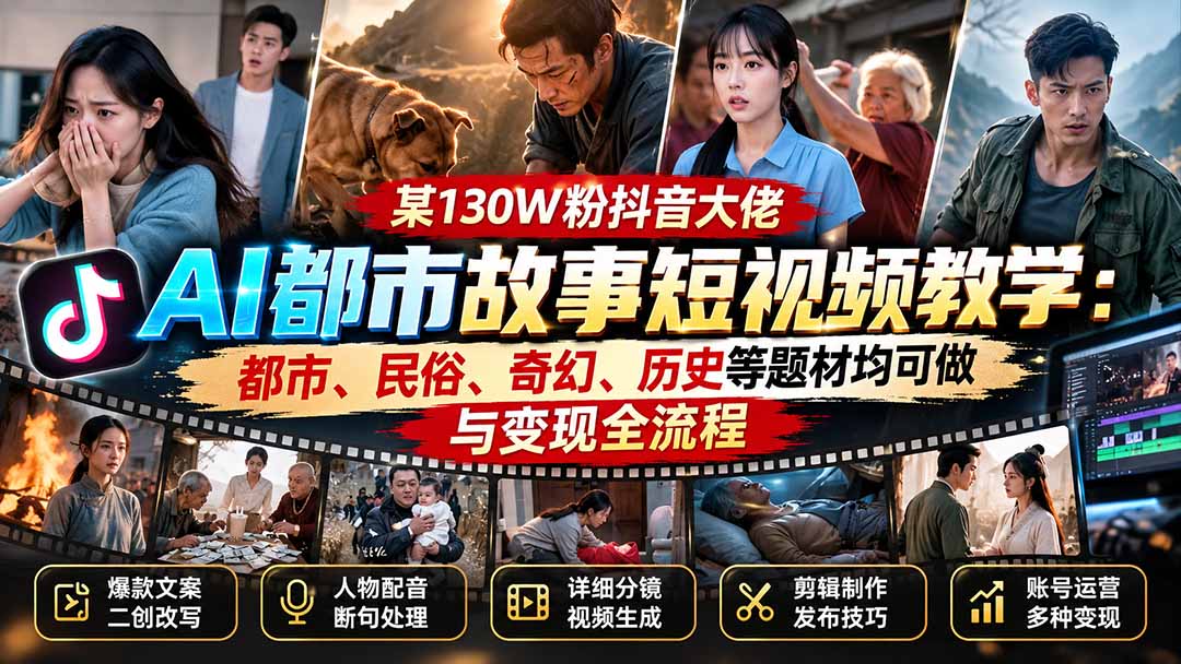 某130W粉抖音大佬AI都市故事短视频教学：都市、民俗、奇幻、历史等题材均可做与变现全流程-藏宝阁