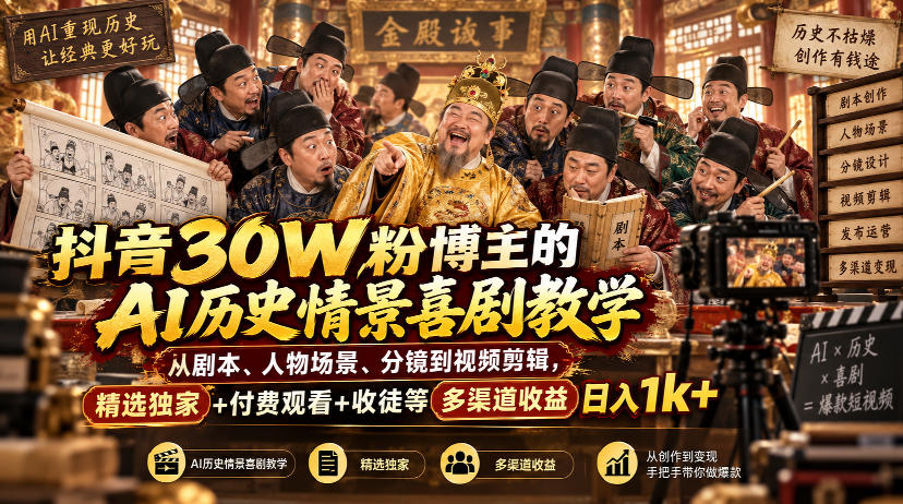 抖音30W粉博主的AI历史情景喜剧教学，从剧本、人物场景、分镜到视频剪辑，精选独家+付费观看+收徒等多渠道收益日入1k+-藏宝阁