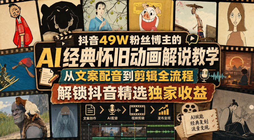 抖音49W粉丝博主的AI经典怀旧动画解说教学，从文案配音到剪辑全流程，解锁抖音精选独家收益-藏宝阁