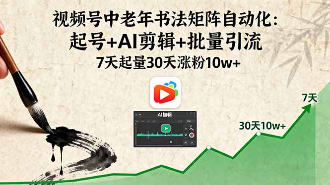 视频号中老年书法矩阵自动化：起号+AI剪辑+批量引流 7天起量30天涨粉10w+-藏宝阁