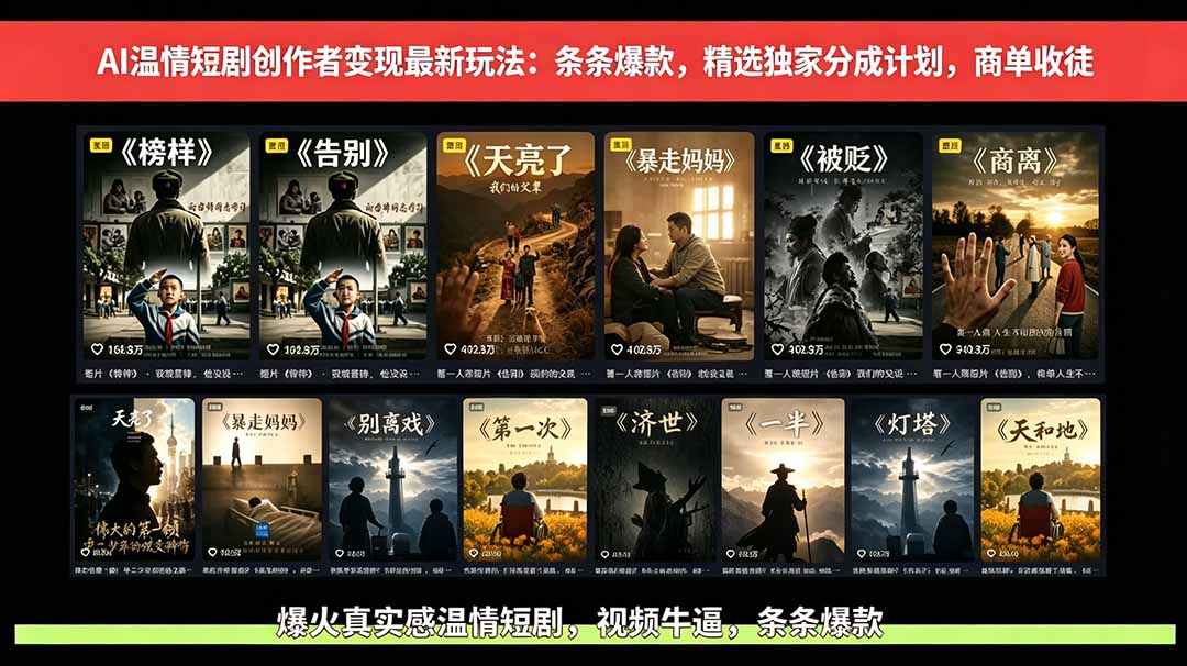 AI温情短剧创作者变现最新玩法：视频牛逼，条条爆款，精选独家分成计划，商单收徒-藏宝阁