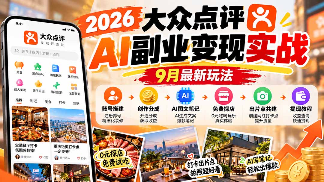 2026大众点评AI副业变现实战9月最新玩法：账号搭建+创作分成+AI图文笔记+免费探店+出片点共建与提现教程-藏宝阁