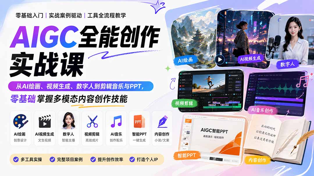 AIGC全能创作实战课：从AI绘画、视频生成、数字人到剪辑音乐与PPT，零基础掌握多模态内容创作技能-藏宝阁