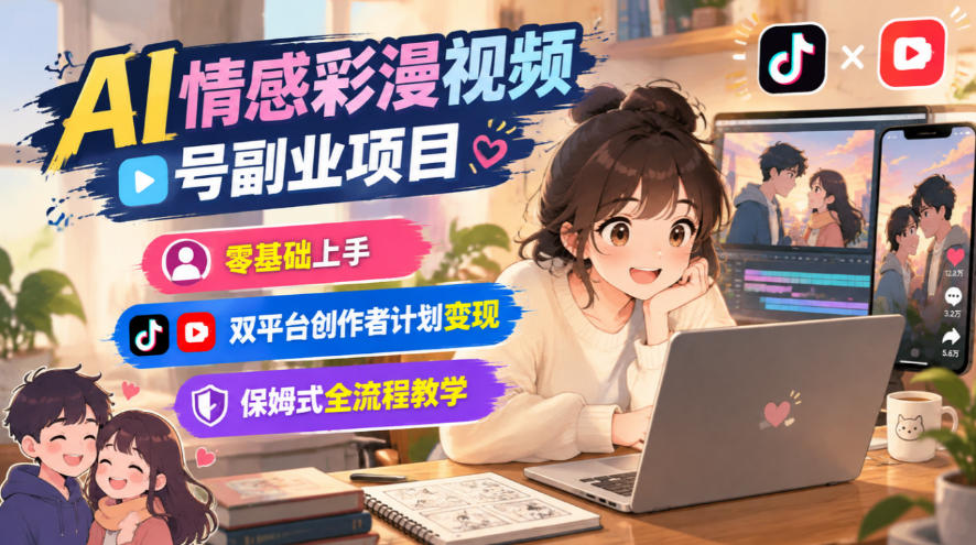 AI情感彩漫视频号副业项目，零基础上手，双平台创作者计划变现，保姆式全流程教学-藏宝阁