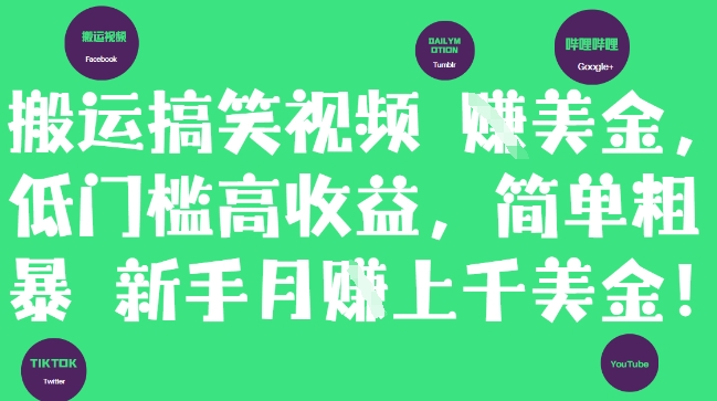 搬运搞笑视频挣美金，低门槛高收益，简单粗暴新手月入上千美刀-藏宝阁