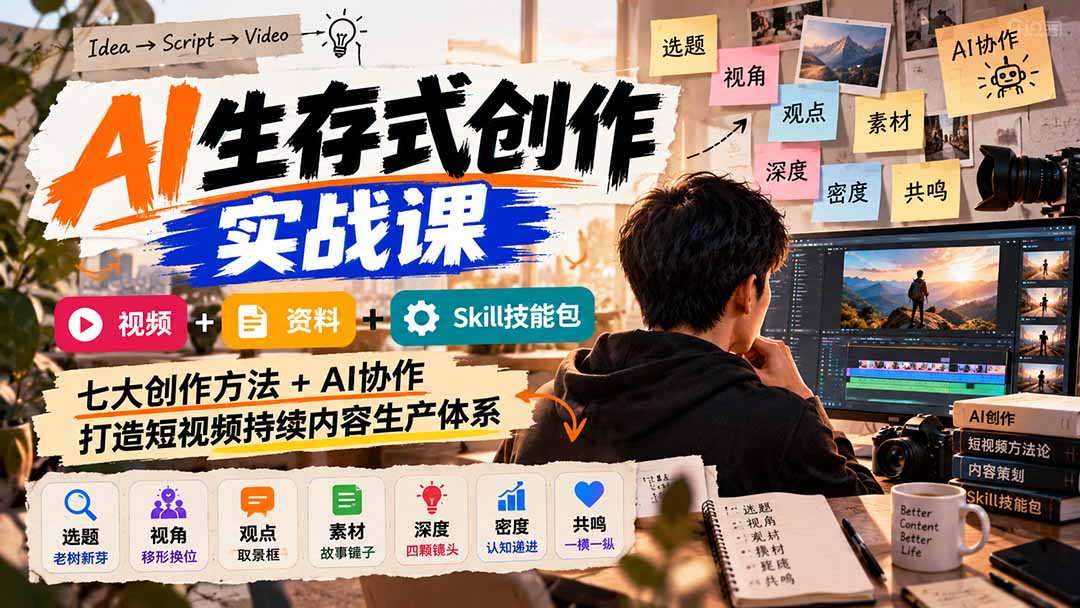 AI生存式创作实战课：视频+资料+Skill技能包，七大创作方法+AI协作，打造短视频持续内容生产体系-藏宝阁