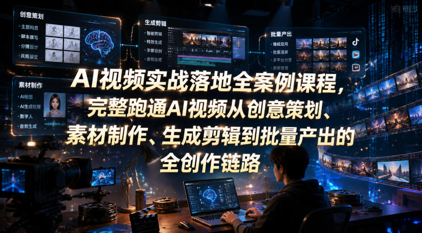 AI视频实战落地全案例课程，完整跑通AI视频从创意策划、素材制作、生成剪辑到批量产出的全创作链路-藏宝阁