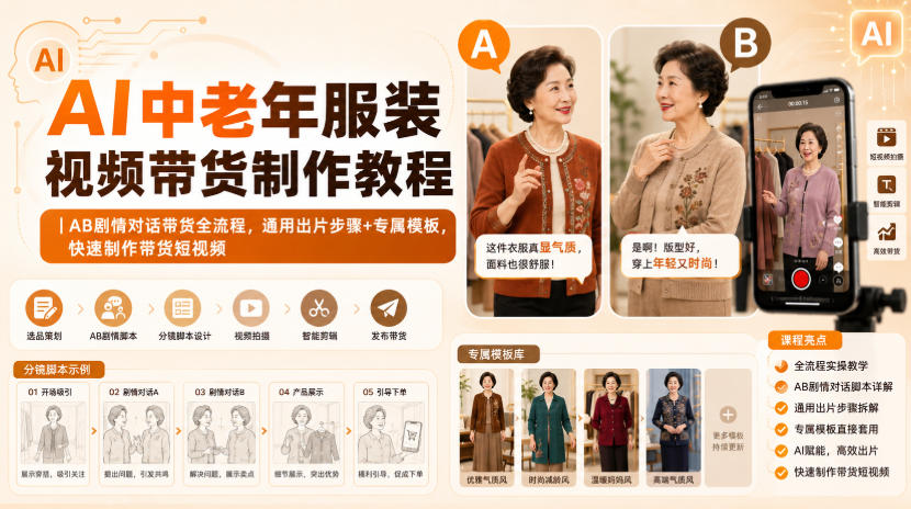 AI中老年服装视频带货制作教程｜AB剧情对话带货全流程，通用出片步骤+专属模板，快速制作带货短视频-藏宝阁