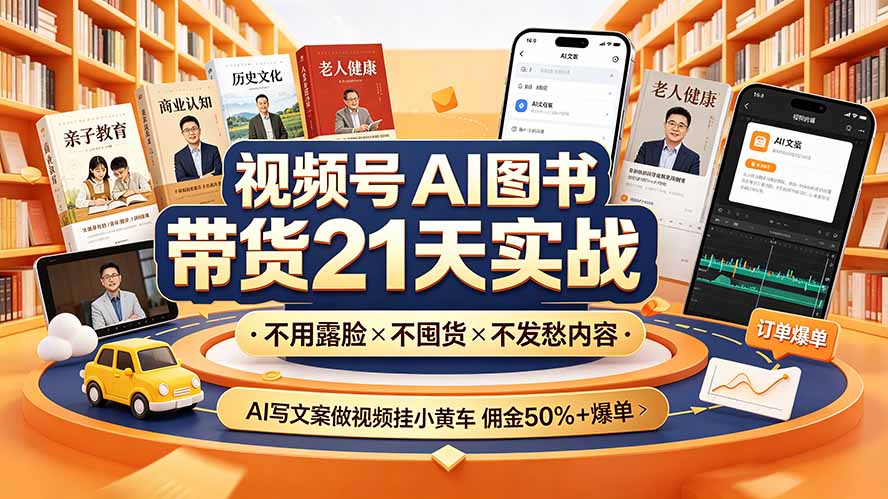 视频号AI图书带货21天实战：不用露脸×不囤货×不发愁内容，AI写文案做视频挂小黄车，佣金50%+爆单-藏宝阁
