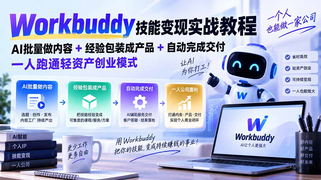 Workbuddy技能变现实战教程：AI批量做内容+经验包装成产品+自动完成交付，一人跑通轻资产创业模式-藏宝阁
