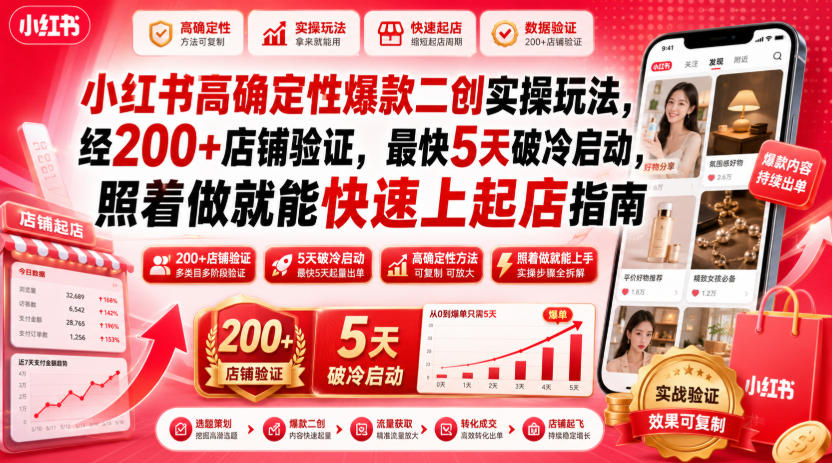 小红书高确定性爆款二创实操玩法，经200+店铺验证，最快5天破冷启动，照着做就能快速上起店指南-藏宝阁