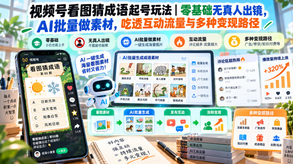 视频号看图猜成语起号玩法｜零基础无真人出镜，AI批量做素材，吃透互动流量与多种变现路径-藏宝阁