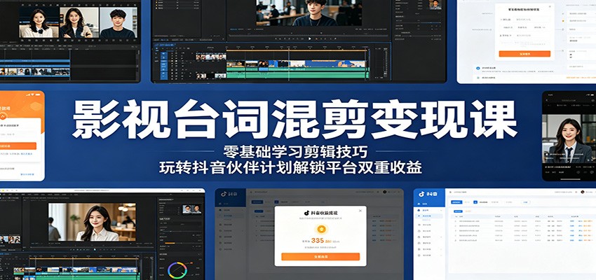 影视台词混剪变现课：零基础学习剪辑技巧，玩转抖音伙伴计划解锁平台双重收益-藏宝阁