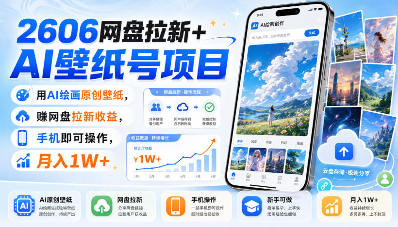 2606网盘拉新+AI壁纸号项目，用AI绘画原创壁纸，賺网盘拉新收益，手机即可操作，月入1W+-藏宝阁