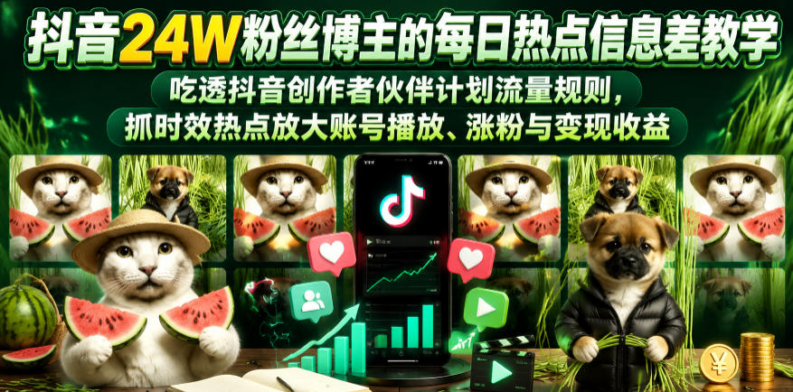 抖音24W粉丝博主的每日热点信息差教学，吃透创作者伙伴计划流量规则，抓时效热点放大账号播放、涨粉与变现收益(更新)-藏宝阁