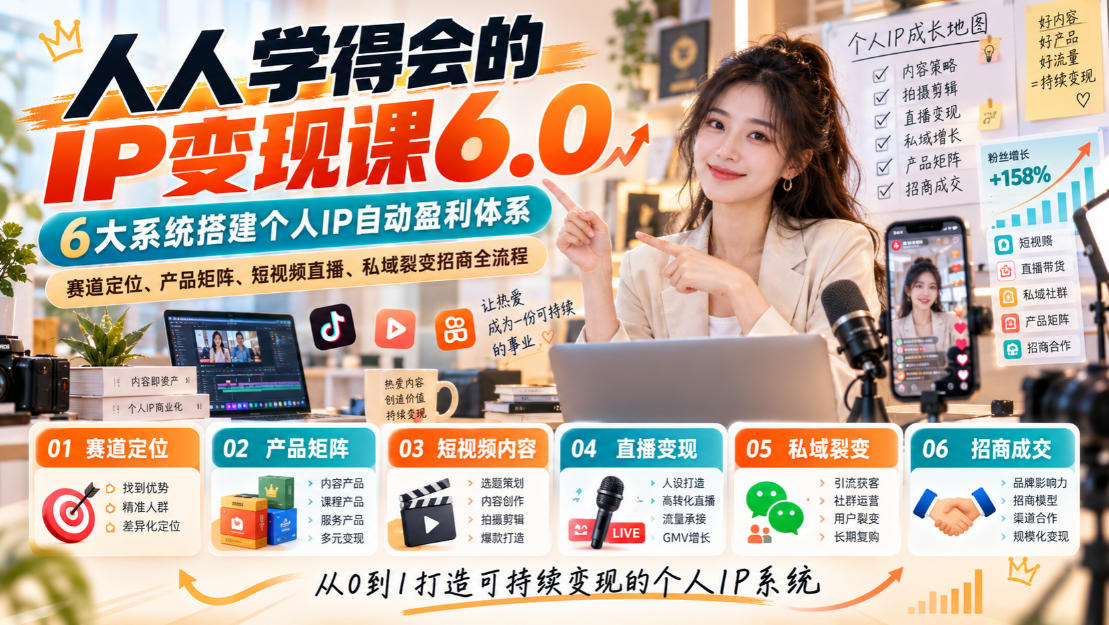 人人学得会的IP变现课6.0，6大系统搭建个人IP自动盈利体系，赛道定位、产品矩阵、短视频直播、私域裂变招商全流程-藏宝阁