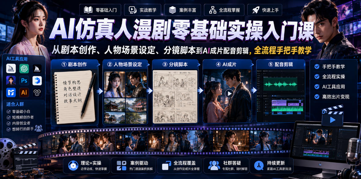 AI仿真人漫剧零基础实操入门课，从剧本创作、人物场景设定、分镜脚本到AI成片配音剪辑，全流程手把手教学-藏宝阁