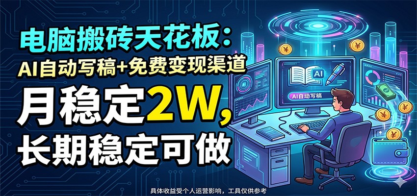 电脑搬砖天花板：AI自动写稿+免费变现渠道，月稳定2W，长期稳定可做-藏宝阁