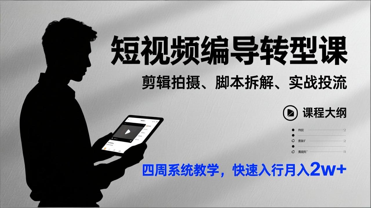短视频编导转型课，剪辑拍摄、脚本拆解、实战投流，四周系统教学，快速入行月入2w+-藏宝阁
