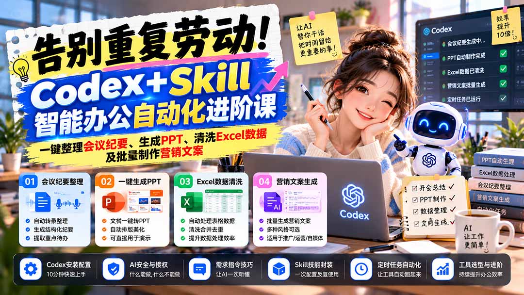 告别重复劳动！Codex+Skill智能办公自动化进阶课：一键整理会议纪要、生成PPT、清洗Excel数据及批量制作营销文案-藏宝阁